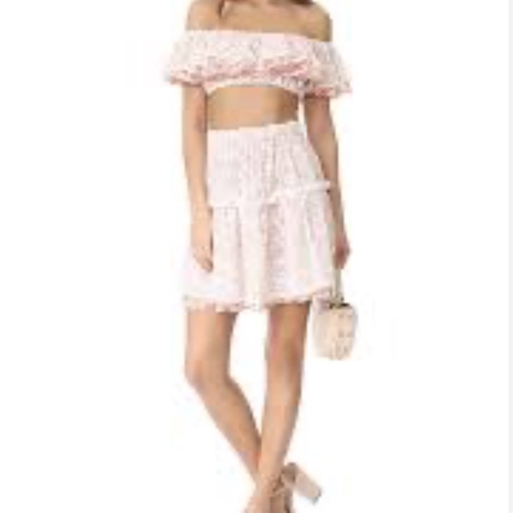 For Love & Lemons Pink Floral Lace Ruffle Crop Top Mini Skirt Set Womens Small